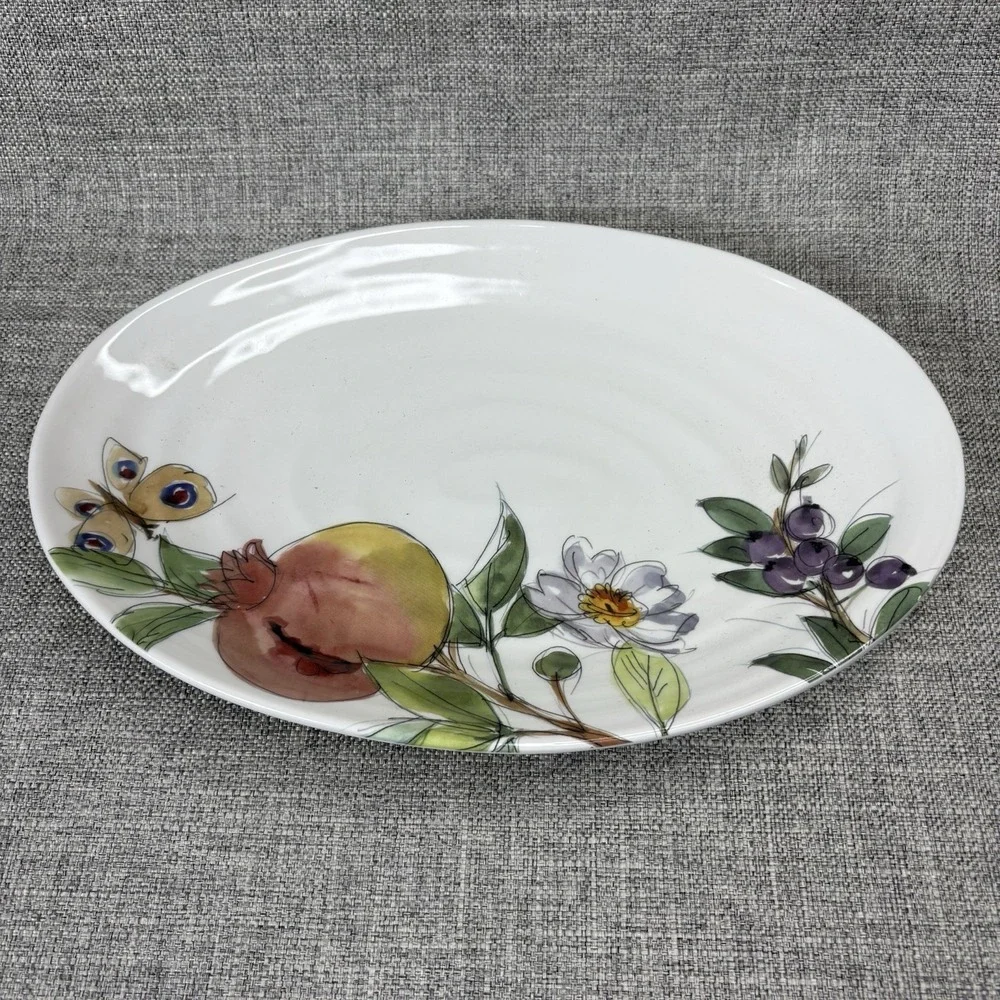 Ceramica Cuore Italy Oval‎ Serving Platter Pomegranate Butterfly Floral 14 Inch